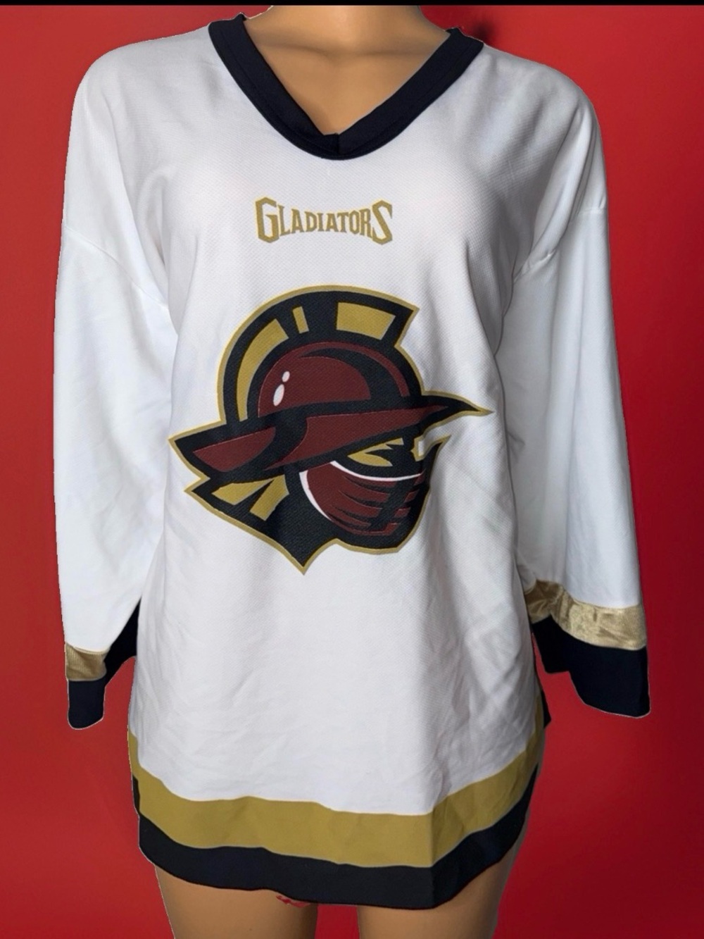 Gladiators White Hockey Jersey with Gold & Black Accents